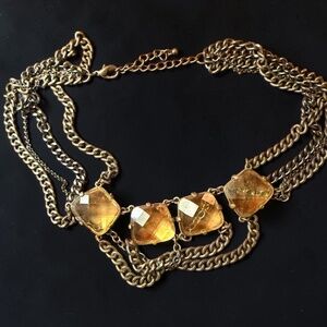 Vintage Statement Necklace Amber Glass Gold Tone Multi Chain Layered Industrial